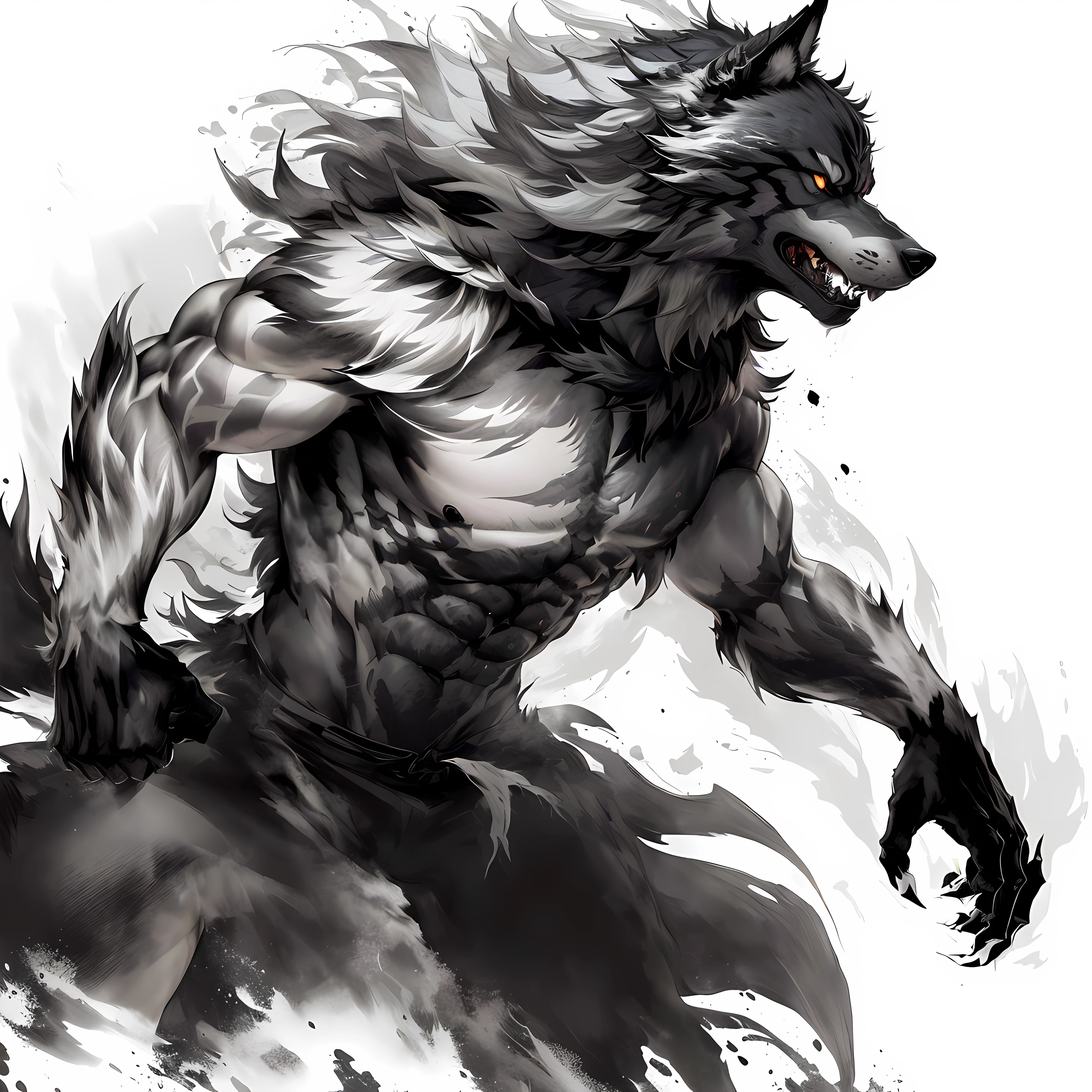 Ink painting of a werewolf, muscular werewolf, Japanese-style wolf, Wearing flames, Great Wolf, werewolf?, by Yang J, werewolf, Fenrir, werewolf man, Furry wolf, half man half wolf, anthropomorphic wolf male, epic anime style, berserker potrait, sumi ink style, Direwolf, Magnificent pencil illustration, wolf