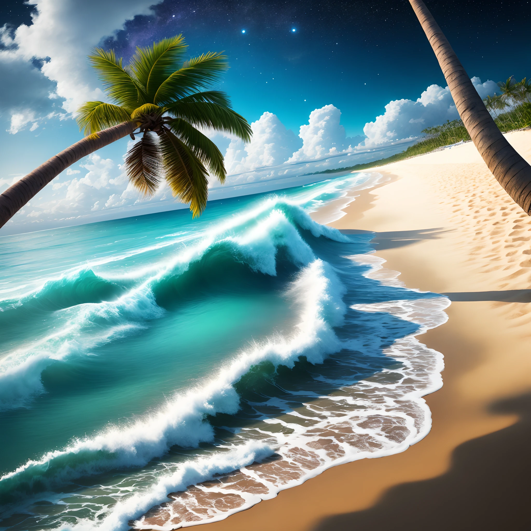 Waves, sandy beaches, coconut trees, starry sky