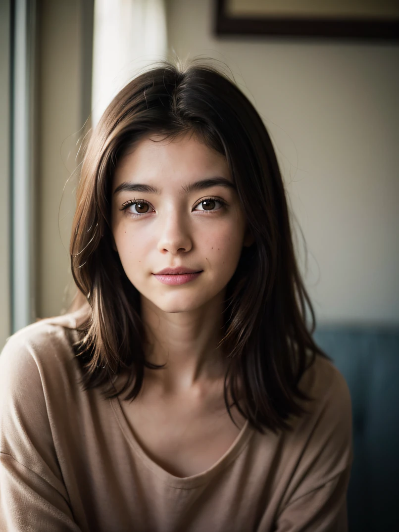 hightquality、hight resolution、masterpiece、foco nítido、photographrealistic、Raw photography、lighting like a movie、Portrait of a 19-year-old girl、Loose dark brown hair、dark brown eyes、She is pale、hair messy、Simple clothes、21st century、She's tired、Comic Art Style、Happy smile