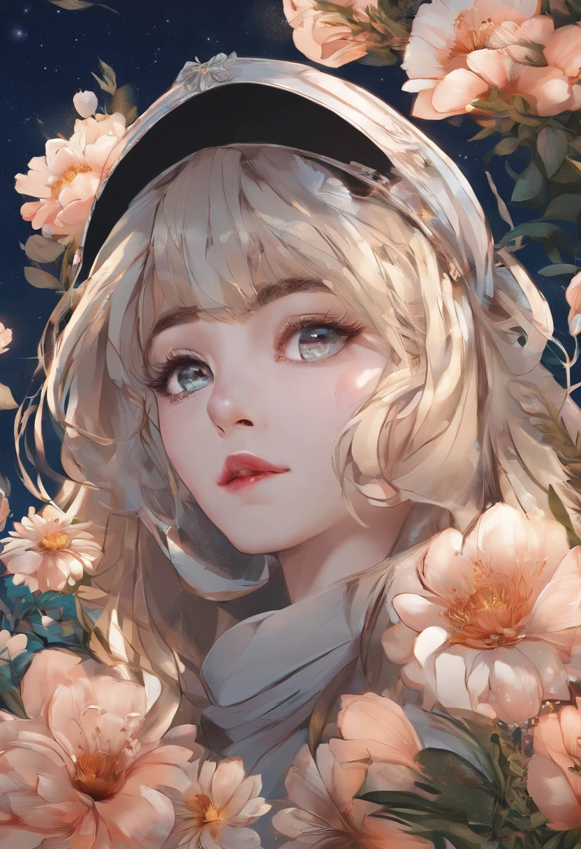 Best quality, High_Resolution, distinct_image, Detailed background ,Girl, random wear,flower, Night sky,Dutch angle, Wide shot,Shy smile, crown,