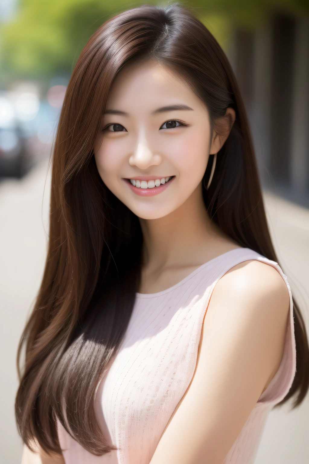 ((top-quality、in 8K、masterpiece:1.3))、1girl in、front view、Face your body in front of the camera、Smiling smile、upper body、Slim Faces、Pretty women、(dark brown hair)、Black T-shirt:1.1、hyperdetailed face、A detailed eye、二重まぶた、blured background、Slim Faces、城市、a street