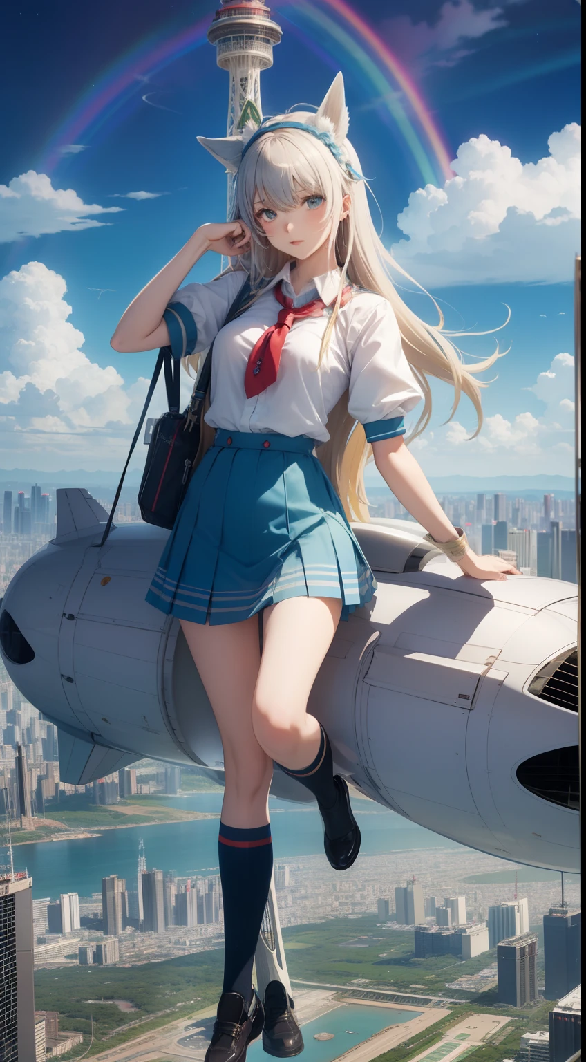 Walter Crane Anime　surreal　wondrous　strange　Whimsical　fanciful　Sci-Fi Fantasy　Miniskirt schoolgirl　Far thunder　Rainbow from the plane　Aurora　Blue Sky　Tokyo Tower Hyperdetailed high resolution high definition high quality mast