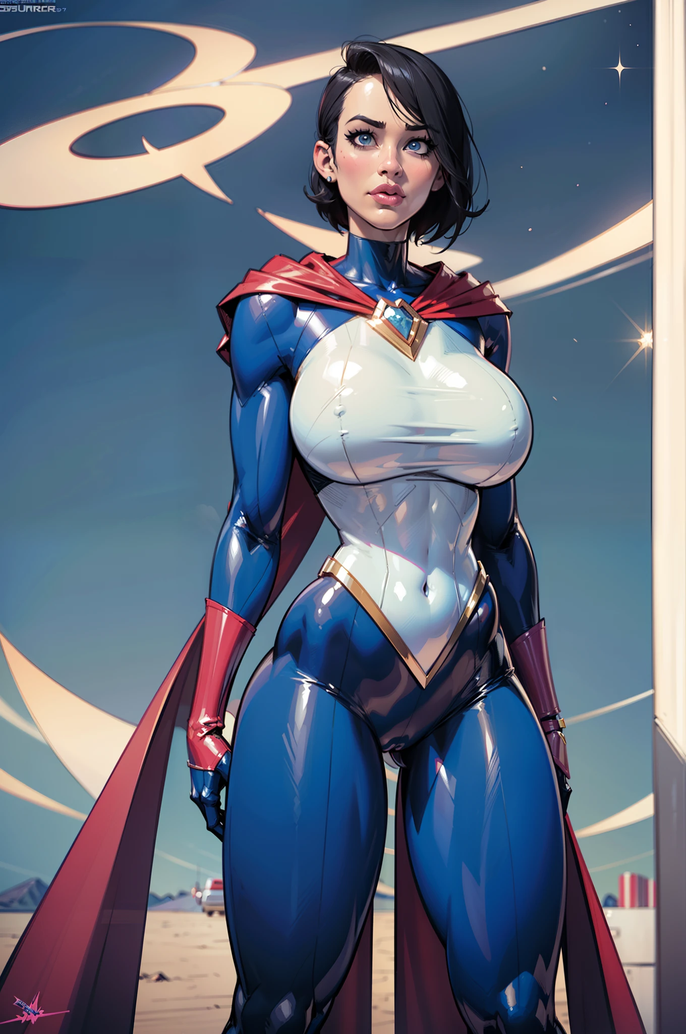 Milf, pornstar superheroine, superheroine, psychic, dark blue bodysuit, pink short hair, bimbo, absurdly exagerated bimbo, slut superheroine, stripper, extremely thick lips, hourglass figure, (imense_breasts: 1.8), (imense_ass: 1.8) , thick girl, solo, light blue cape, sfw outfit, celestial superheroine, slutty suit, (Goddess_Of_Bimbos: 1.9), absolute bimbo, (short_black_Hair: 1.8), sidecut haircut, shaved hair