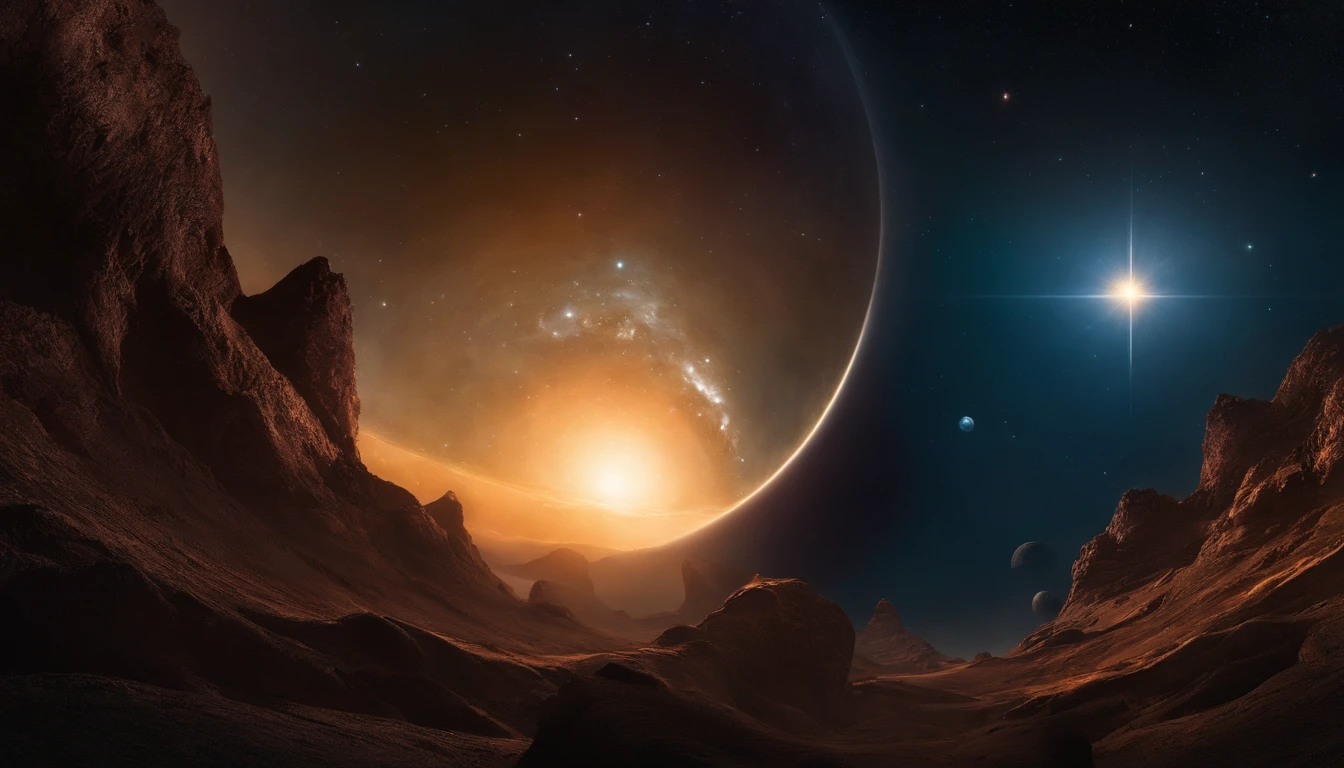 A new planet floating in the middle of the Milky Way, cercado por naves espaciais e asteroides. Satellites orbiting around. No horizonte, um imenso buraco negro. and in heaven, um anjo voando. He is a vigilant warrior, observando atentamente a Terra.