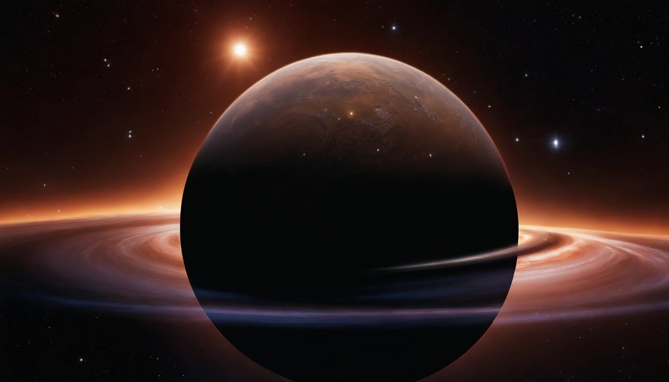 A new planet floating in the middle of the Milky Way, cercado por naves espaciais e asteroides. Satellites orbiting around. No horizonte, um imenso buraco negro. and in heaven, um anjo voando. He is a vigilant warrior, observando atentamente a Terra.