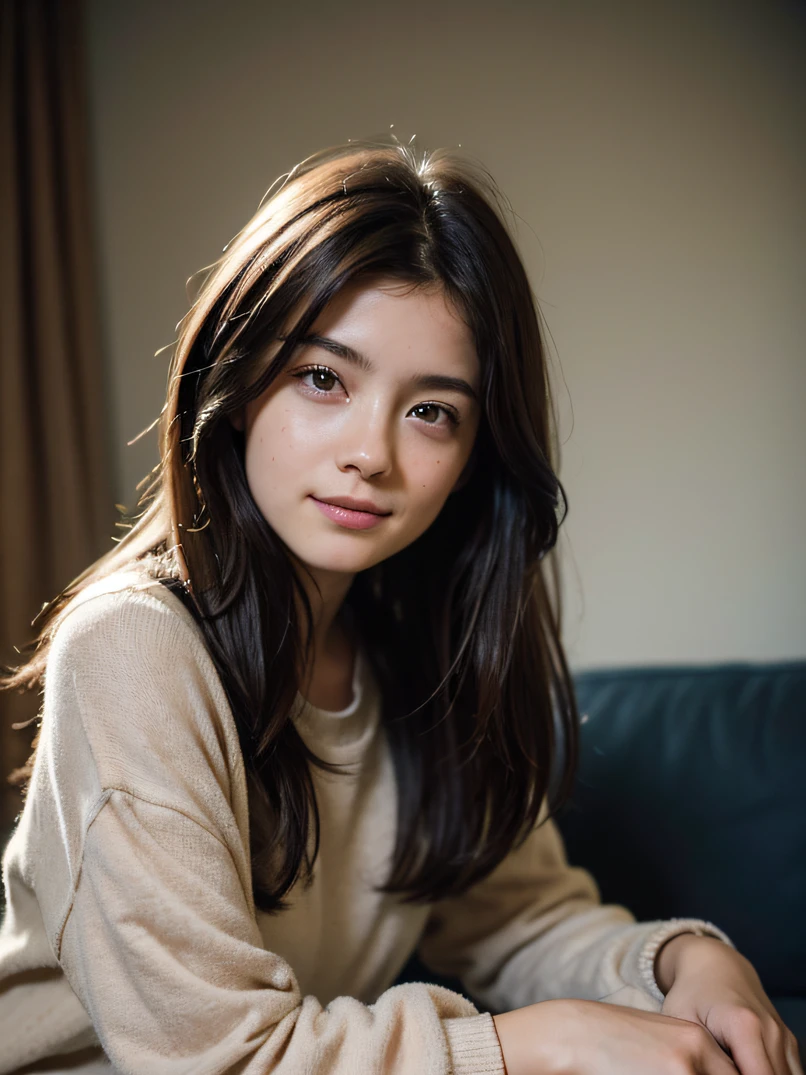 hightquality、hight resolution、masterpiece、foco nítido、photographrealistic、Raw photography、lighting like a movie、Portrait of a 19-year-old girl、Loose dark brown hair、dark brown eyes、She is pale、hair messy、Simple clothes、21st century、She's tired、Comic Art Style、Happy smile