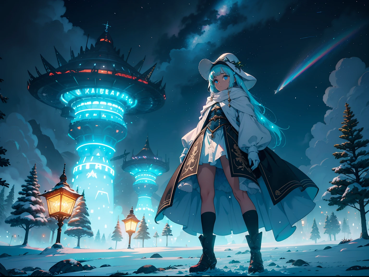 Uma jovem garota usando uma roupa medieval; casaco feito de raposa pelo pardo, no topo de uma montanha com neve e rochas cobertas por neve, in sky, an alien spaceship with colorful neon lights (Imagem , f/75mm; 8K full HD