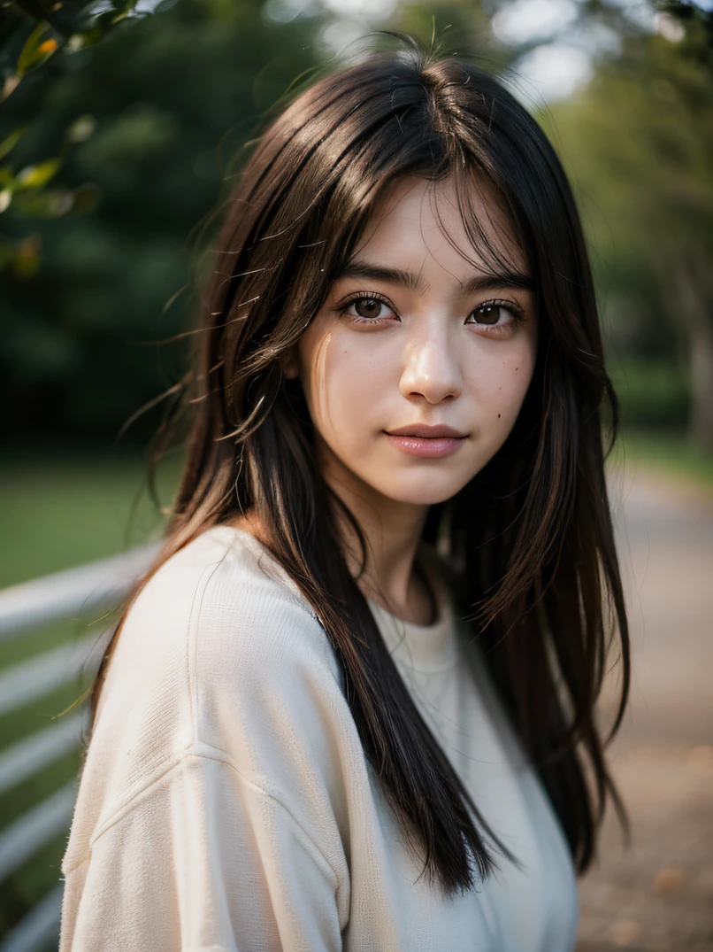 hightquality、hight resolution、masterpiece、foco nítido、photographrealistic、Raw photography、lighting like a movie、Portrait of a 19-year-old girl、Loose dark brown hair、dark brown eyes、hyperdetailed face、A detailed eye、She is pale、hair messy、Simple clothes、21st century、She's tired、Comic Art Style、Happy smile