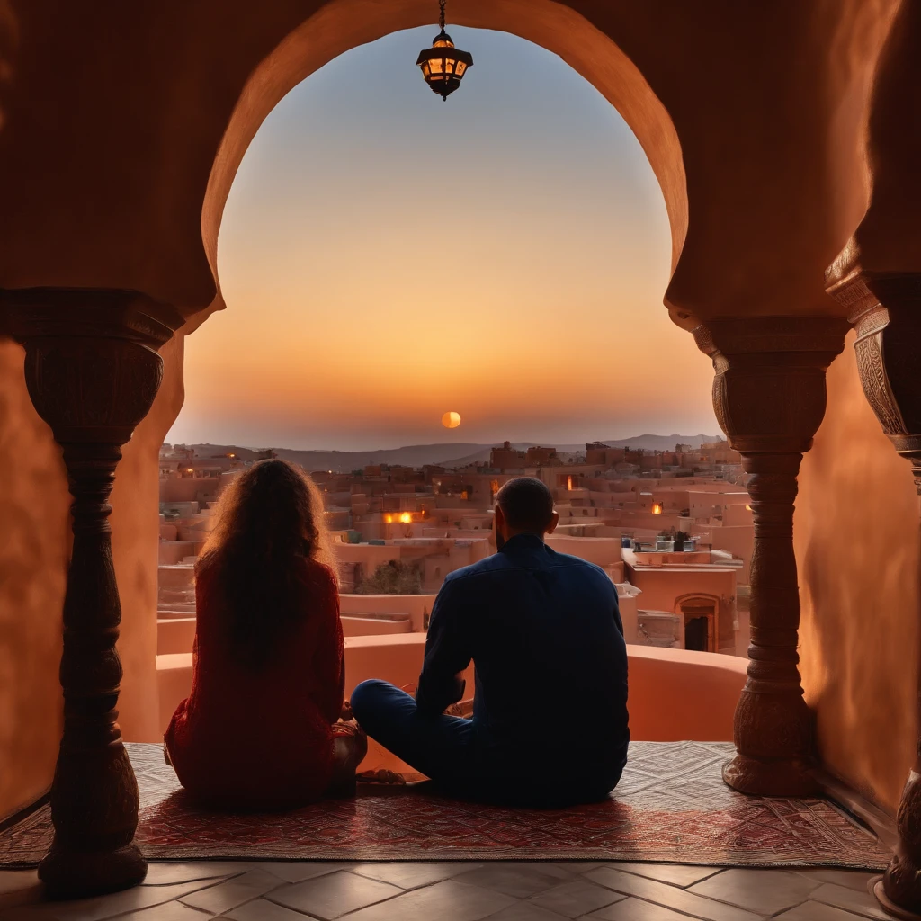 hyper realistic photo, ultra detailed photograph of a beautiful Moroccan rooftop, one young man and one woman from behind, face hidden, towards view, praying together, photorealistic, riad rooftop, Amazigh pillows, Marrakech view, soft moon, shimmering stars, iridescent, hyperrealism, moroccan lamps, Ultra photoreal, Intricate details, Ultra detailed, photorealistic, great high details, hyper real photo, 8k, extreme quality, gorgeous roses, exotic, glimmering lights, magical, romantic, wishing, moroccan pergola, flowing canopy