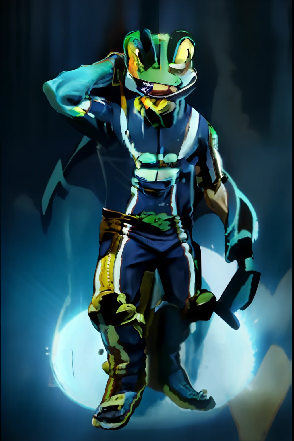 "Create a visual representation of a one only young male mutant inspired by the character Froppy from Boku no Hero Academia. The character has a humanoid appearance with unique features that incorporate elements of an axolotl, a poison dart frog, a shark, and an iguana. His skin is dark blue with black accents on the limbs and a tuft of external gills on the head that flow backward. His eyes, intensely yellow, are surrounded by a black ring. He has a light blue, extendable tongue, limbs with blue membranes between the fingers for agile swimming, and a youthful, athletic, and agile body. The character's skin features bright blue patterns and spots resembling those of a poison dart frog. 

In addition, he wears a hero uniform styled like a scuba diving suit. The uniform is primarily dark blue with black highlights, and it includes a full-body suit, gloves, and boots. The suit has a streamlined design to enhance underwater mobility. It features a utility belt for carrying hero equipment and a mask with a visor that covers his face while allowing for clear vision. The mask is equipped with a built-in communication device. 

The overall appearance is striking and unique, and he is a young hero in training in the world of Boku no Hero Academia."