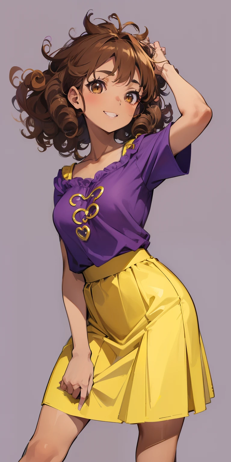 ((masterpiece)), ((best quality)), ((anime profile style)), ((brown skin)), 18 year old girl, ((light brown eyes)), ((perfect)), eyebrow, nose, ear, mouth, smile, ((teeth showing)), ((curly hair)), neck, shoulders, arms, ((purple top)), yellow skirt, background