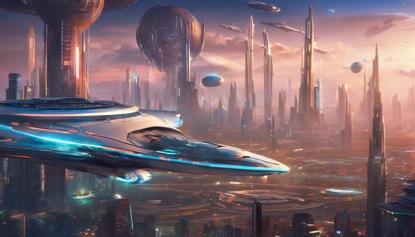 Futuristic city with futuristic train and futuristic buildings at night, Futuristic concept art, in other words、Futuristic city, in fantasy sci - fi city, Beautiful city of the future, futuristic utopian city, Concept Art 8K Resolution, Concept Art 8K Resolution, City of the Future, futuristic space port, concept art 8 k, Science Fiction Hollywood Concept Art top-quality masterpiece