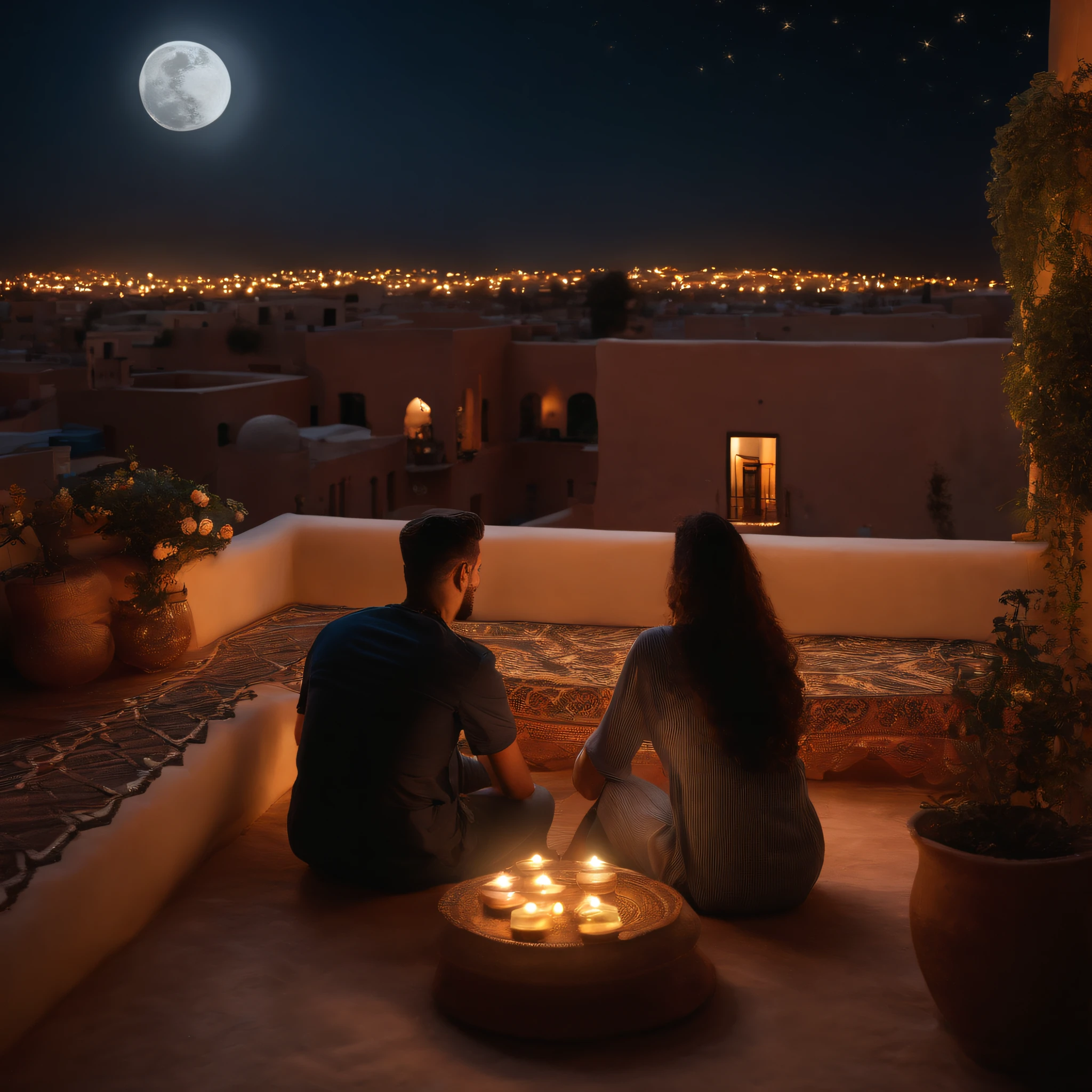 hyper realistic photo, ultra detailed photograph of a beautiful Moroccan rooftop, one young man and one woman from behind, face hidden, towards view, praying together, photorealistic, riad rooftop, Amazigh pillows, Marrakech view, soft moon, shimmering stars, iridescent, hyperrealism, moroccan lamps, Ultra photoreal, Intricate details, Ultra detailed, photorealistic, great high details, hyper real photo, 8k, extreme quality, gorgeous roses, exotic, glimmering lights, magical, romantic, wishing, moroccan pergola, flowing canopy