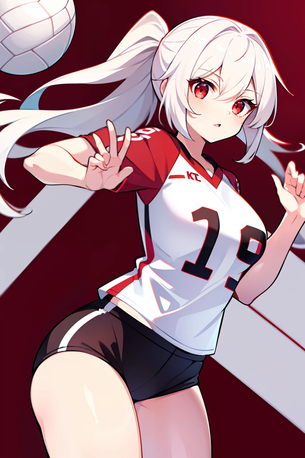 Kizi,Red eyes,White hair, female, volleyball jersey,