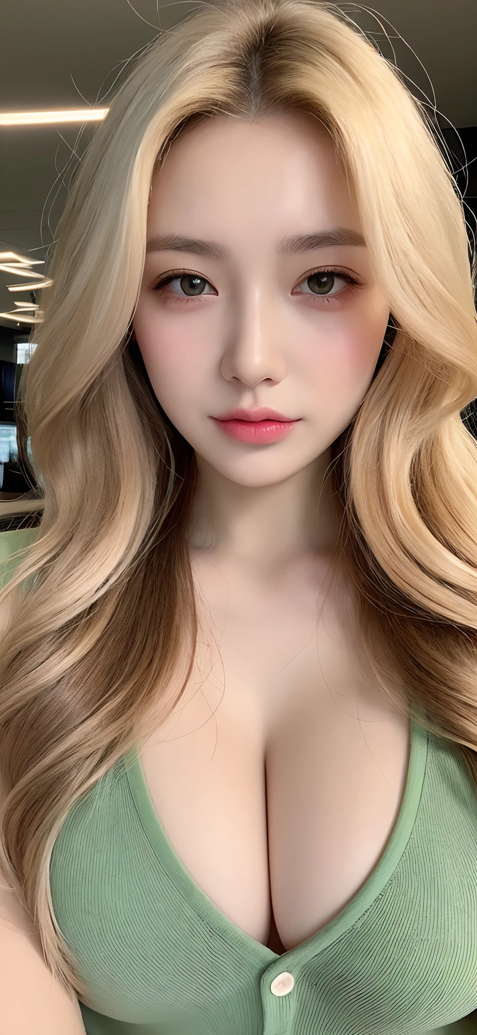 8k, Top image quality、Raw photography、超A high resolution、1 pretty girl, 18-year-old, Korean、Glasses beauty、Colossal tits:1.3、cleavage of the breast:1.3 、(transparent)、open shirt show , ((naked)), (detailed clothing), (detailed ), fair white skin、shiny white skin、(wavy blonde hair)、dark green hair、dark green smoke hair、Beautiful eyes with random colors、very thin lips、beautiful eyes finely detailed、elongated eyes、pale pink blush、long eyeslashes、Beautiful double eyelids、eyeshadows、耳Nipple Ring、Company Office、Lighting that emphasizes beautiful skin、Lustrous skin