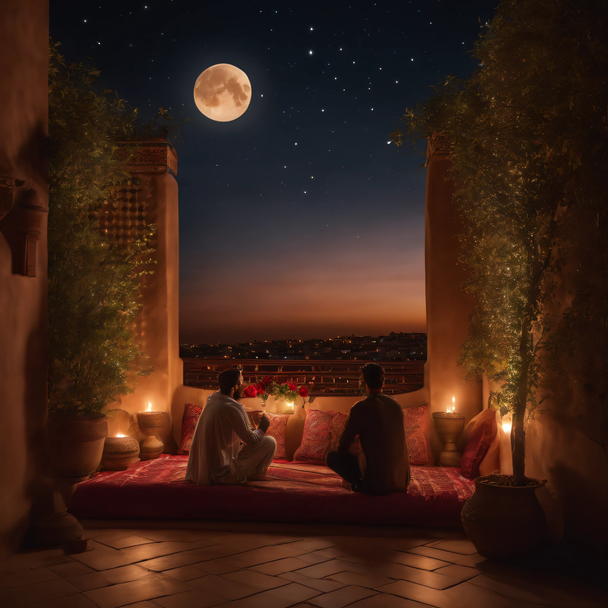 hyper realistic photo, ultra detailed photograph of a beautiful Moroccan rooftop, one young man and one woman from behind, face hidden, towards view, praying together, photorealistic, riad rooftop, Amazigh pillows, Marrakech view, soft moon, shimmering stars, iridescent, hyperrealism, moroccan lamps, Ultra photoreal, Intricate details, Ultra detailed, photorealistic, great high details, hyper real photo, 8k, extreme quality, gorgeous roses, exotic, glimmering lights, magical, romantic, wishing, moroccan pergola, flowing canopy