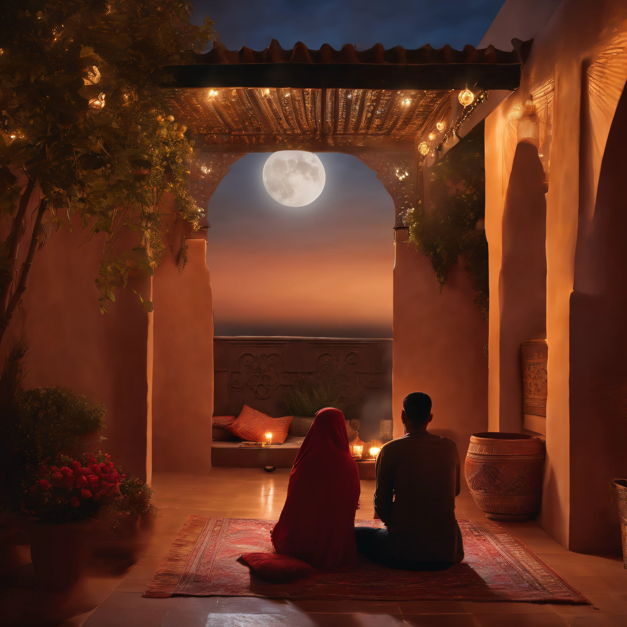 hyper realistic photo, ultra detailed photograph of a beautiful Moroccan rooftop, one young man and one woman from behind, face hidden, towards view, praying together, photorealistic, riad rooftop, Amazigh pillows, Marrakech view, soft moon, shimmering stars, iridescent, hyperrealism, moroccan lamps, Ultra photoreal, Intricate details, Ultra detailed, photorealistic, great high details, hyper real photo, 8k, extreme quality, gorgeous roses, exotic, glimmering lights, magical, romantic, wishing, moroccan pergola, flowing canopy