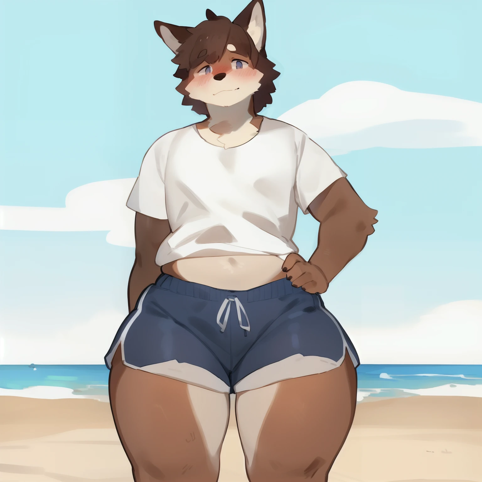 by bebebebebe, by goonie-san, by bigcozyorca, by buta99, solo, standing, male, canine, (snout, hair), brown fur, shy, blushing, butt visible from the front, wide child bearing hips, thick thighs, round butt, hourglass shape body, feminine body, (((shorts, shirt))), beach.