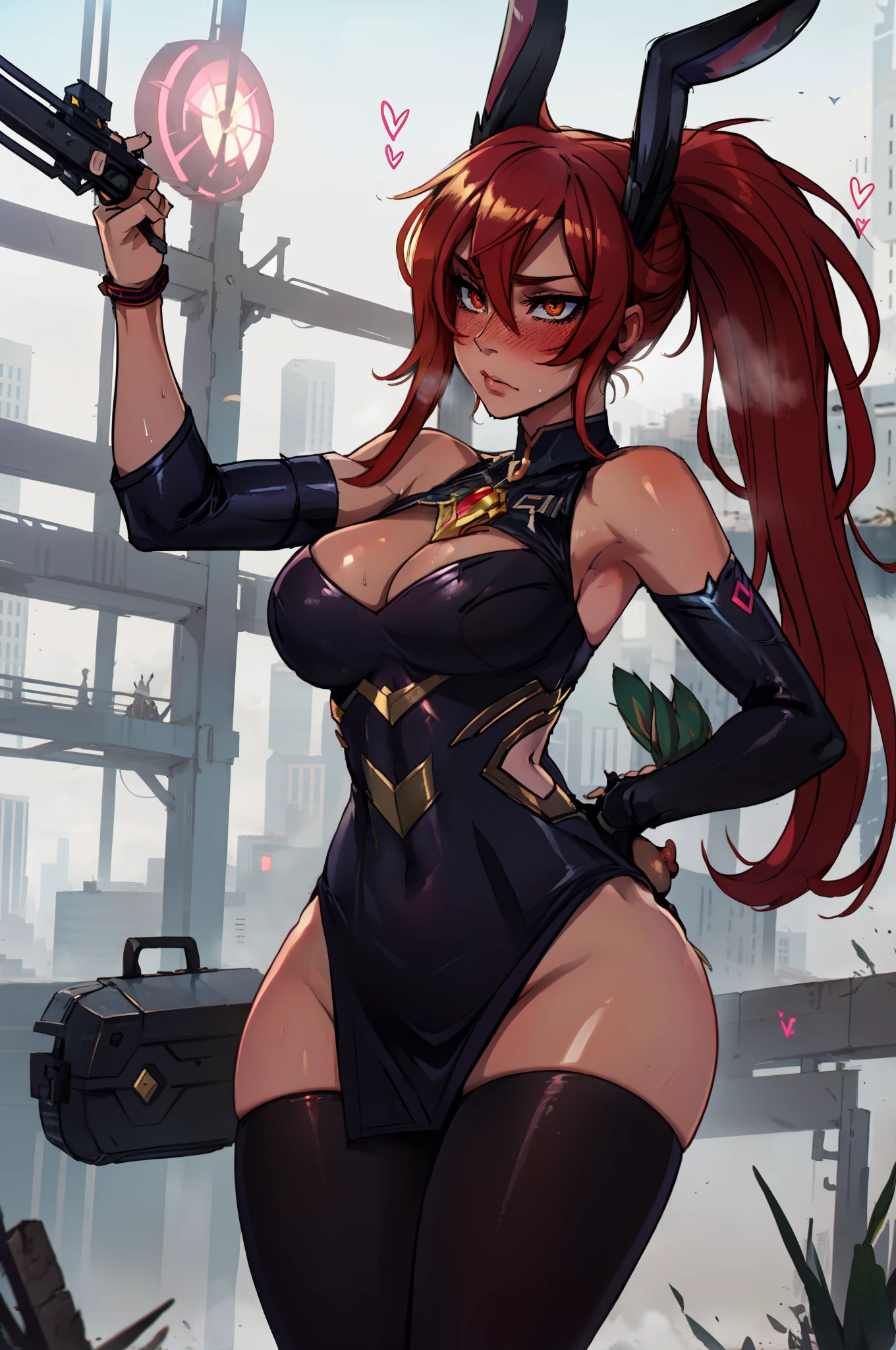 multiple girl hugging, Hyper Detail, Girls Only, Dynamic Lighting, (Glossy skin: 1.5), Masterpiece, Top Quality black and red skirt, short clothes, breasts, cleavage, golden eyes, ray tracing, very long hair, masterpiece, hair between eyes, blush, NSFW, sexy, dynamic poses, wet, bunny ears, bunny tail, highly detailed, cyberpunk suit, face portrait