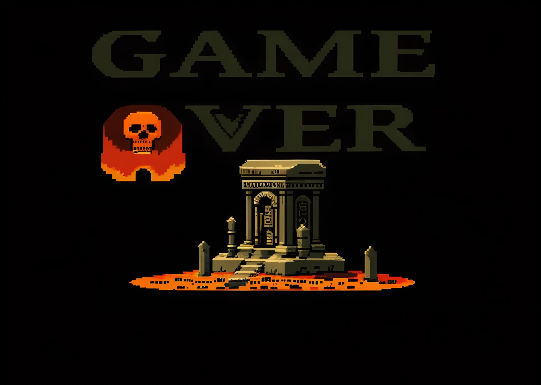 Dark background, dead wounded knight, dripping red paint, gore, skeleton, tombstone, pixel game scene, game over, 8-bit video game, detailed pixel game, intricate detail, top quality , highest resolution