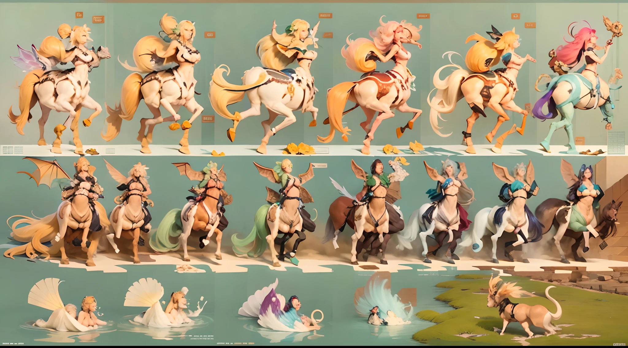 In the beautiful illustration of this super-grand scene，The ultra-long-range lens is shown（Over eight unique centaur characters：9.9），They all have their own characteristics，Vivid and interesting。Radiant angelic centaurs from the heavenly realm，To the hellish centaurs surrounded by nightmarish flames，And then to the Wind Fairy Centaur dancing in the air，There are also one-horned centaurs surrounded by thunder and lightning，and mechanical centaurs that shine with metallic light，And then to the powerful dragon centaur with colored dragon scales covering the whole body，The elegant and agile elf centaur always wears a flower crown with its slender graceful lines，Enchanting and charming Tiflin centaurs。Each character has their own unique charms and abilities。The illustration uses advanced artistic techniques and tools，（Divide the scene into sections by geometric arrangement：9.9），Each section corresponds to a centaur character，This makes more efficient use of space。Through Midjourney's advanced brush tools、Color palette、Material packs and model packs，For each centaur, beautiful props are designed to increase racial characteristics、Clothing and physical features，Enhances the character's personality and visual appeal。The scenery in the illustrations is stunning，There are changing skies、rainbowing、extreme light、Stars and Moon。Incorporating iconic landmarks such as Mount Everest，and fireworks、tranquil lake、Natural and urban elements of waves and neon lights，Creates a magical atmosphere。The centaurs display their unique abilities and equipment in a variety of environments，This is true even in extreme alien landscapes。（Use Midjourney's tools、Material packs、Texture tools、The color palette makes depicting details vivid and realistic：9.9），From complex hairstyles and as well as different racial traits、Body、Appearance features、Clothing to real textures，This greatly enhances the realism of the characters and surroundings。The fusion of multiple art styles adds movement to the centaur's