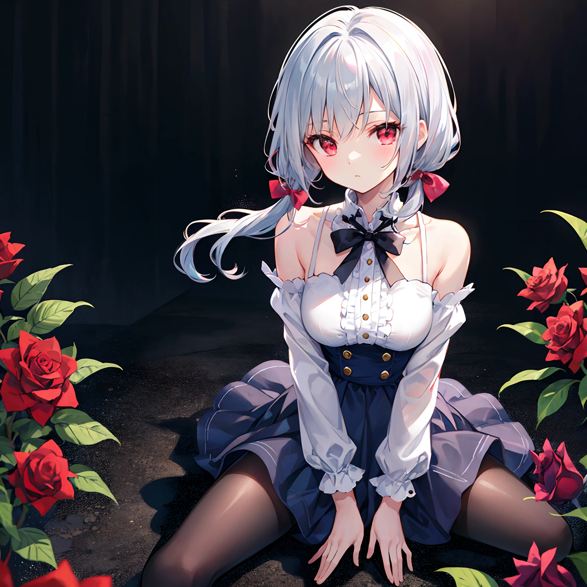 Silvery hair、poneyTail、bow ribbon、red eyes、Beautiful girl alone、Light blue dress、off shoulders、a miniskirt、Black tights、sitting on、rose garden