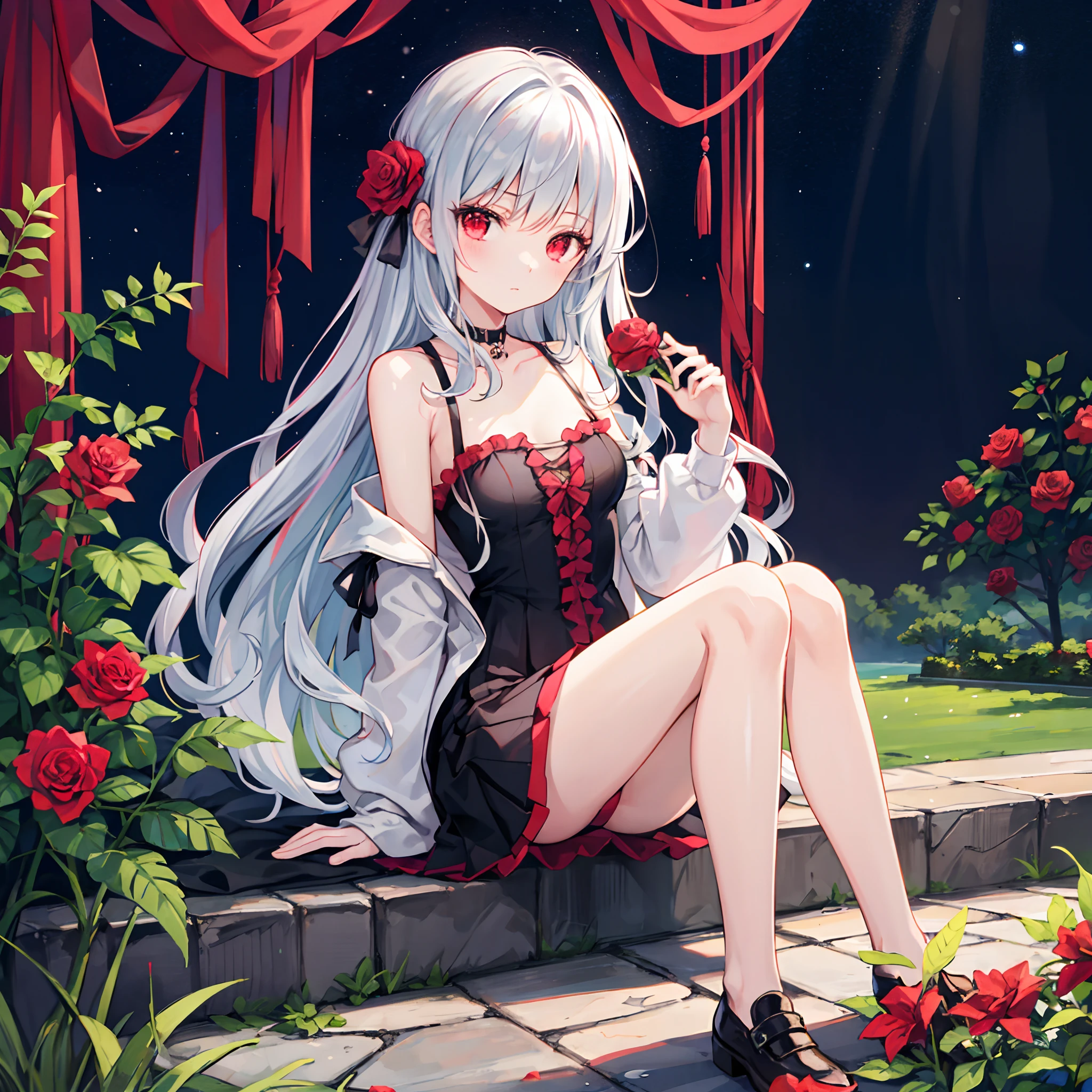 wavy silver hair、red eyes、Beautiful girl alone、one girls、onepiece、off shoulders、a miniskirt、Black tights、sitting on、rose garden