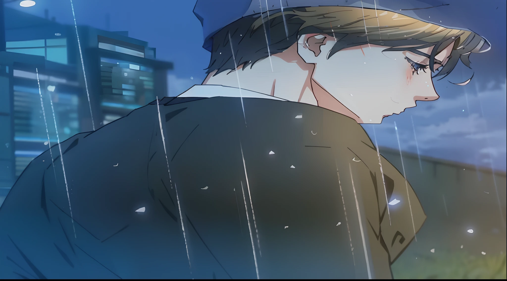 a close up of a man in a suit standing in the rain, silver hair,screenshot from the anime film, tears in the rain, water dripping off him, rain. hyper detailed, screenshot from guro anime, stormy weather. makoto shinkai, in the anime film, like tears in rain time to die, under rain, anime film still, anime movie screenshot.