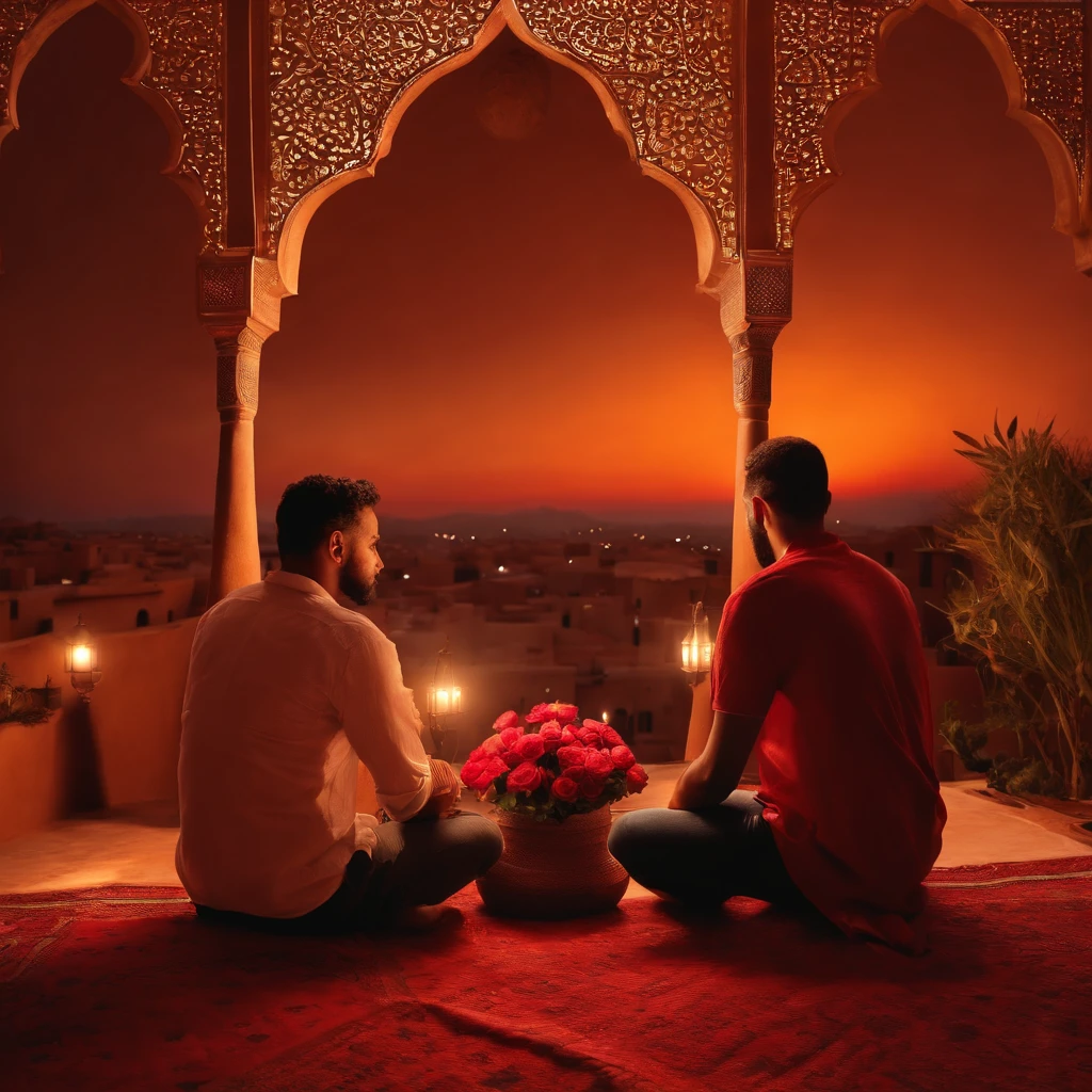 hyper realistic photo, ultra detailed photograph of a beautiful Moroccan rooftop, one young man and one woman from behind, face hidden, towards view, praying together, photorealistic, riad rooftop, Amazigh pillows, Marrakech view, red sunset, shimmering stars, iridescent, hyperrealism, moroccan lamps, Ultra photoreal, Intricate details, Ultra detailed, photorealistic, great high details, hyper real photo, 8k, extreme quality, gorgeous roses, exotic, glimmering lights, magical, romantic, wishing,