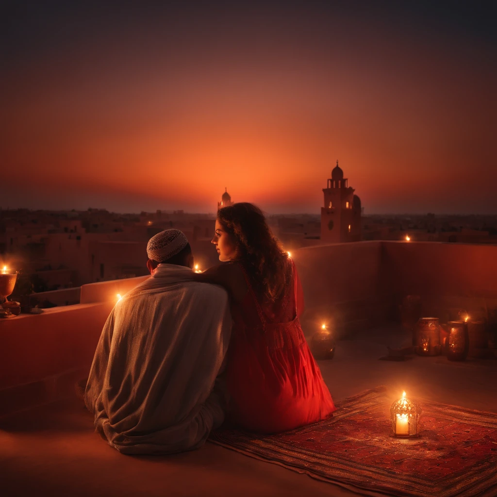 hyper realistic photo, ultra detailed photograph of a beautiful Moroccan rooftop, one young man and one woman from behind, face hidden, towards view, praying together, photorealistic, riad rooftop, Amazigh pillows, Marrakech view, red sunset, shimmering stars, iridescent, hyperrealism, moroccan lamps, Ultra photoreal, Intricate details, Ultra detailed, photorealistic, great high details, hyper real photo, 8k, extreme quality, gorgeous roses, exotic, glimmering lights, magical, romantic, wishing,