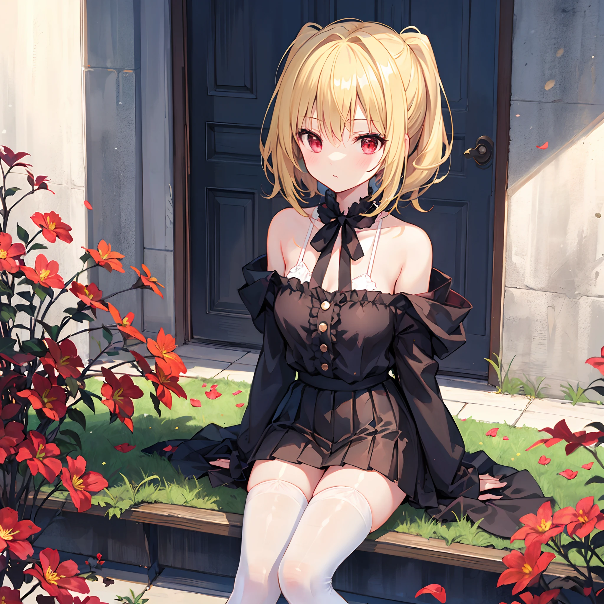 a blond、poneyTail、red eyes、Beautiful girl alone、doress、off shoulders、a miniskirt、Black tights、sitting on、flower  field、white panty