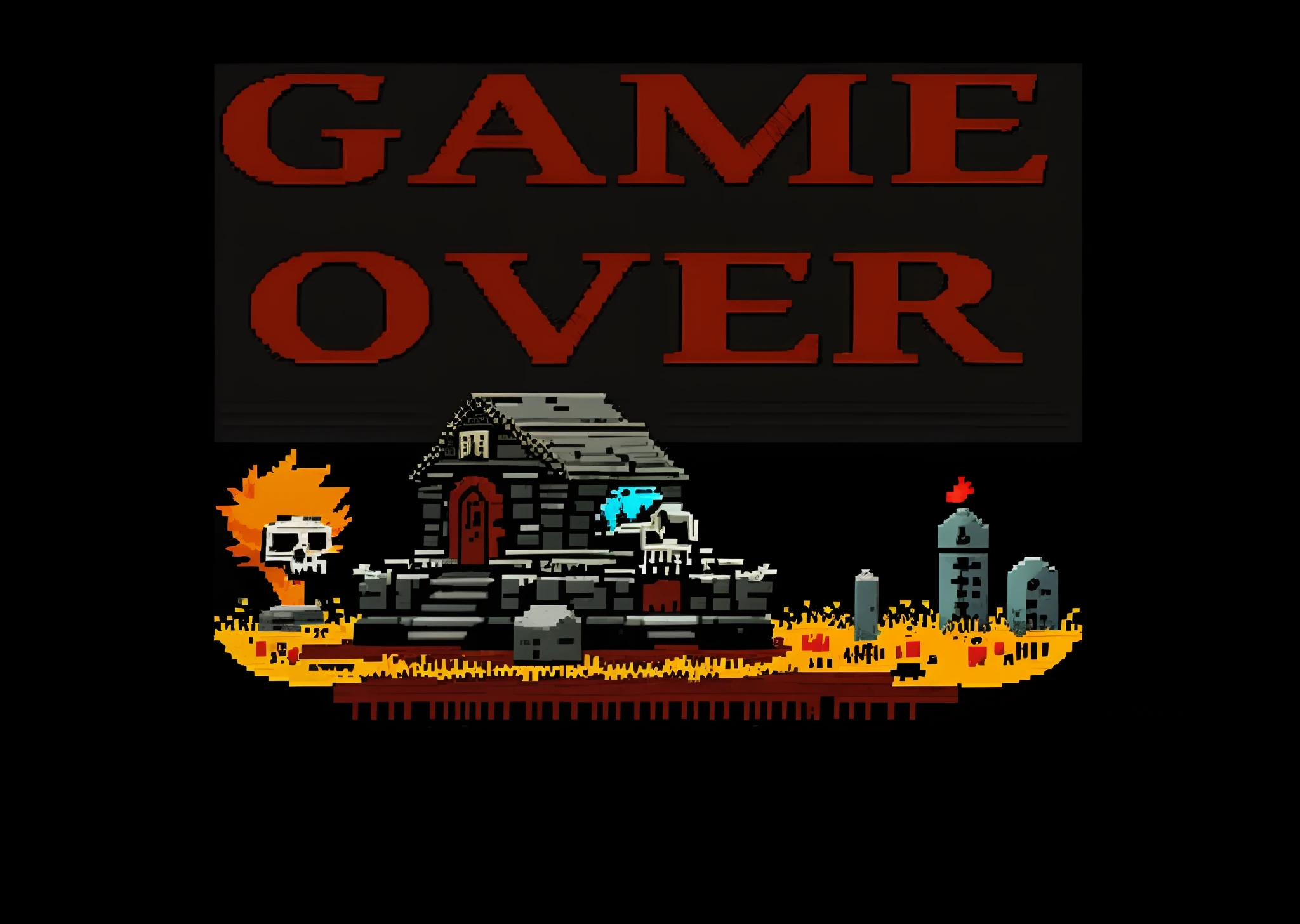 Dark background, dead wounded knight, dripping red paint, gore, skeleton, tombstone, pixel game scene, game over, 8-bit video game, detailed pixel game, intricate detail, top quality , highest resolution