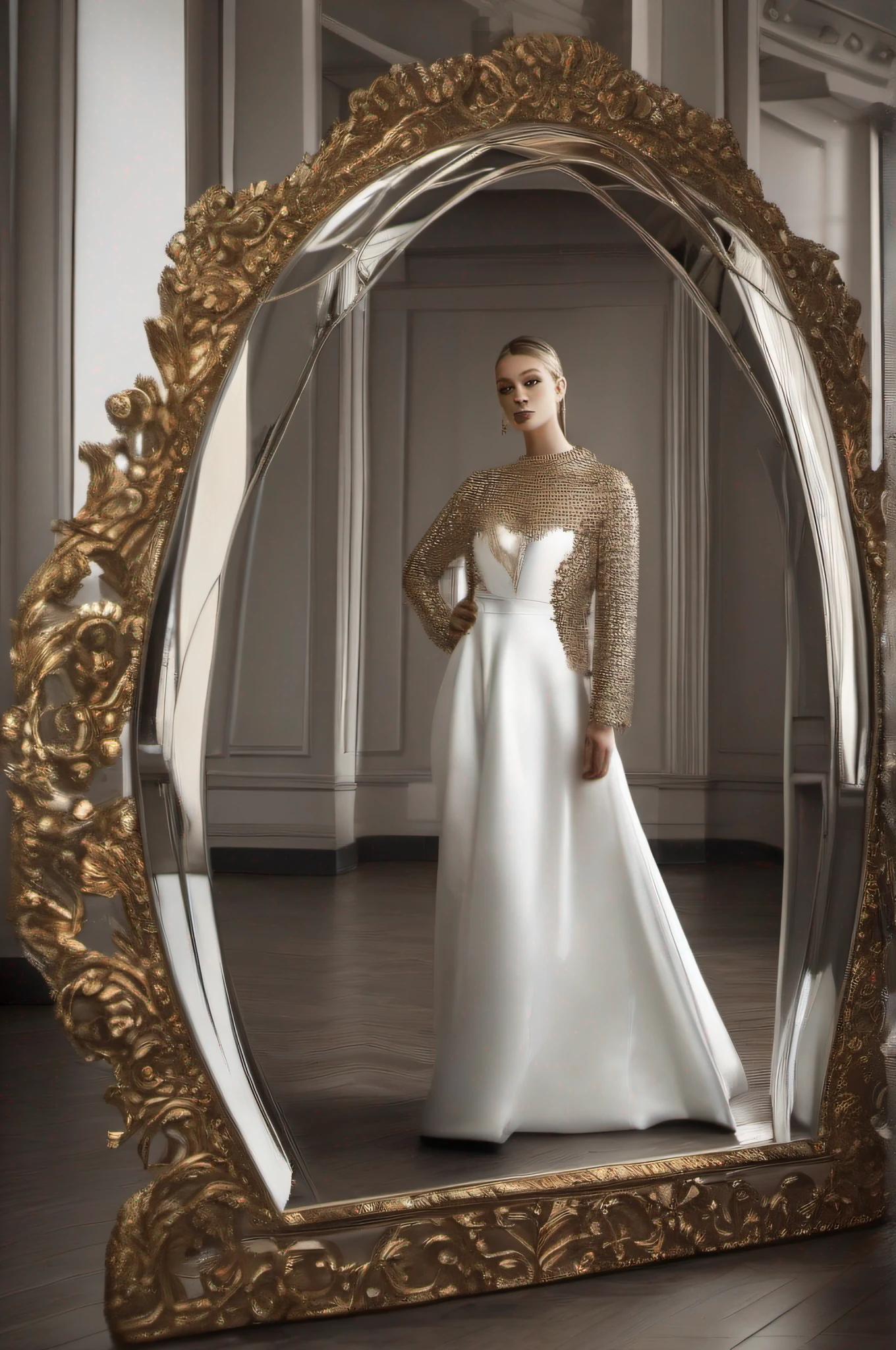 High fashion photo of a model in the style of curved mirrors, symmetrical, neoclassical style, ultra realistic in Iceland --Ar 16:9, --Seed 777.