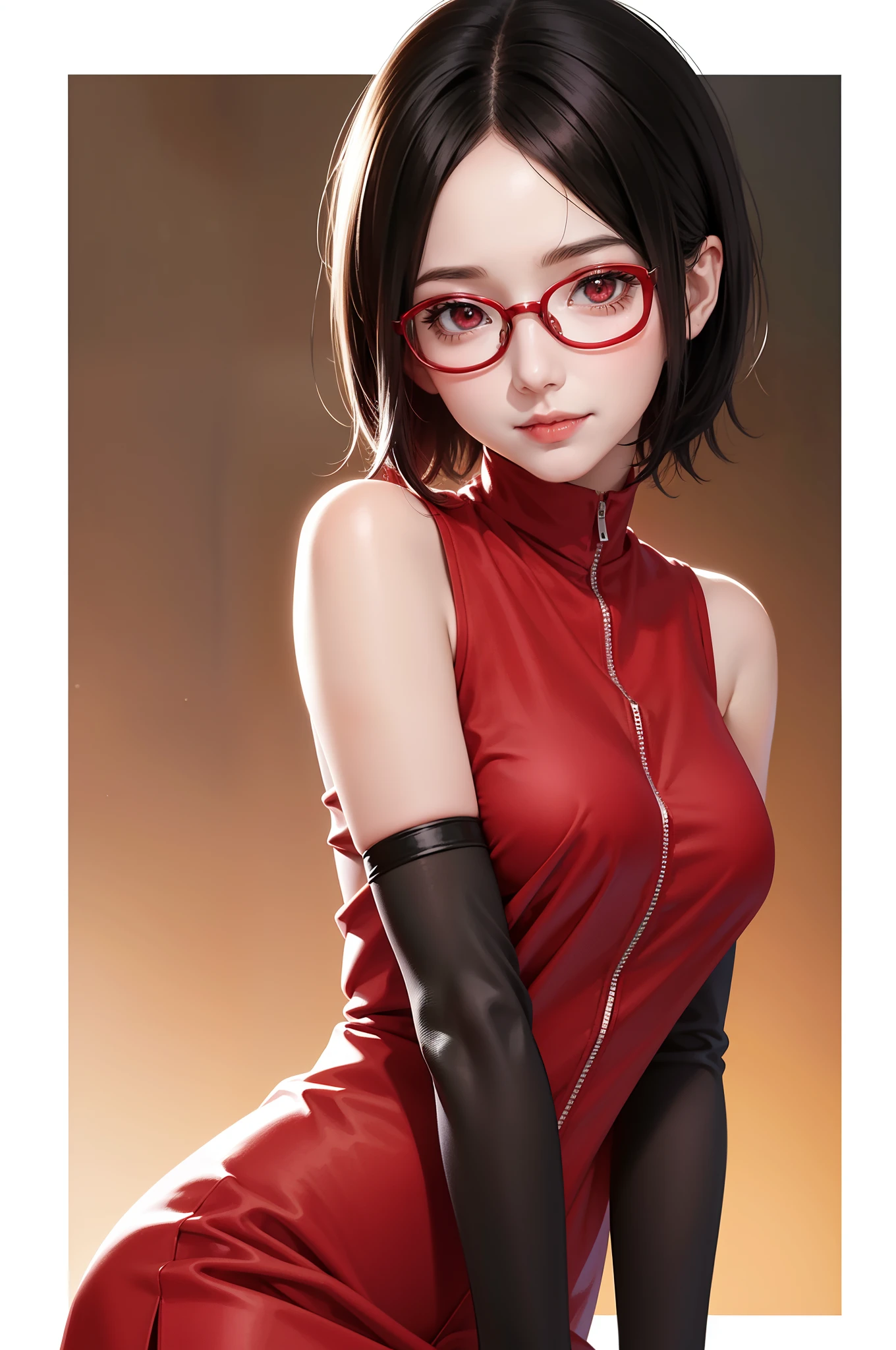 (highres,masterpiece:1.2),ultra-detailed,realistic,professional,beautiful detailed eyes,beautiful detailed lips,dark hair,short black hair,red glasses,stunning black eyes,clear skin,18-year-old girl,fashionable short hairstyle,vibrant red glasses,Shinobi Academy,fierce determination,confident posture,crimson outfit,intense gaze,background filled with ninjutsu techniques,shadows cleverly accentuating her features,subtle studio lighting,sublime realism,striking color tones