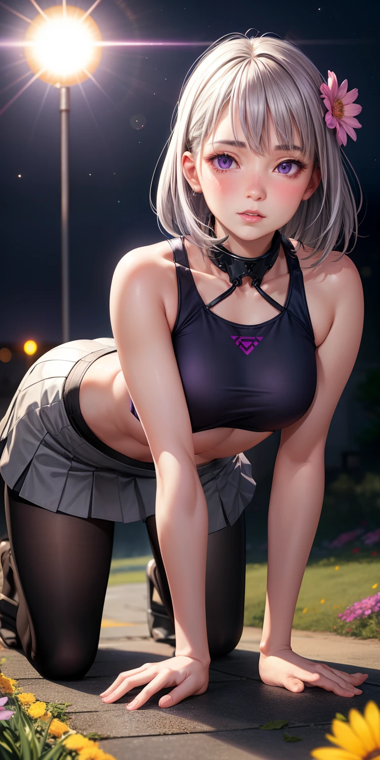 realistic, girl single, gray hair, purple eyes, glowing eyes, crop top, skirt, parted lips, blush, night, flower, sun, sunlight, all fours