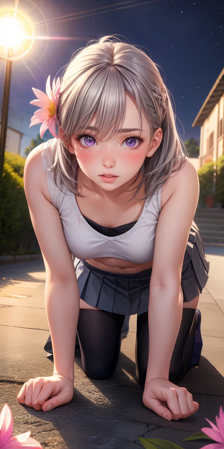 realistic, girl single, gray hair, purple eyes, glowing eyes, crop top, skirt, parted lips, blush, night, flower, sun, sunlight, all fours