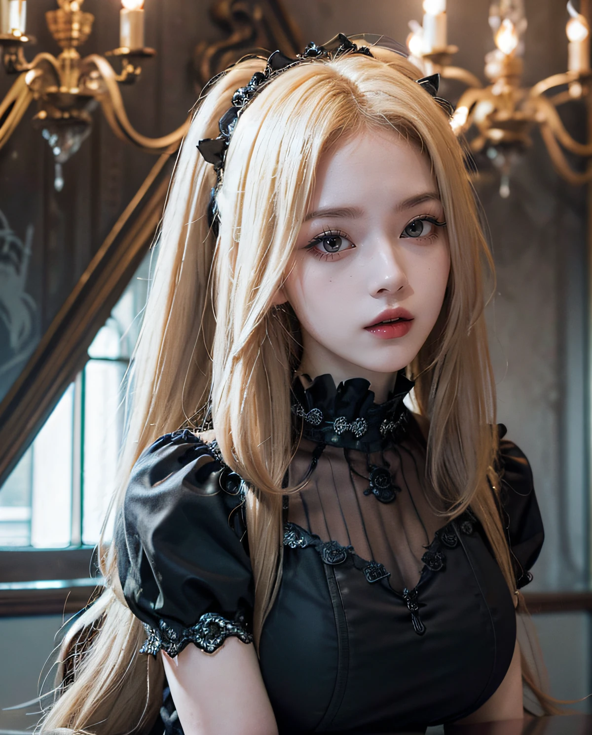 1girl, (Red eyes :1.4), pale skin, red lips, (close-up at face :1.3), seductive face, (Sana Minatozaki), wide hips, Big Boobs, big ass, (Best Quality, 8k, Masterpiece: 1.3), Clear Focus: 1.2, Perfect Body Beauty: 1.4, Slender Abs: 1.2, Highly detailed face and skin texture, detailed eyes, double eyelids, (blonde long hair), (gothic ta dress :1.3), in an abandoned castle, chandeliers cobwebs and skulls in the background, deep of field