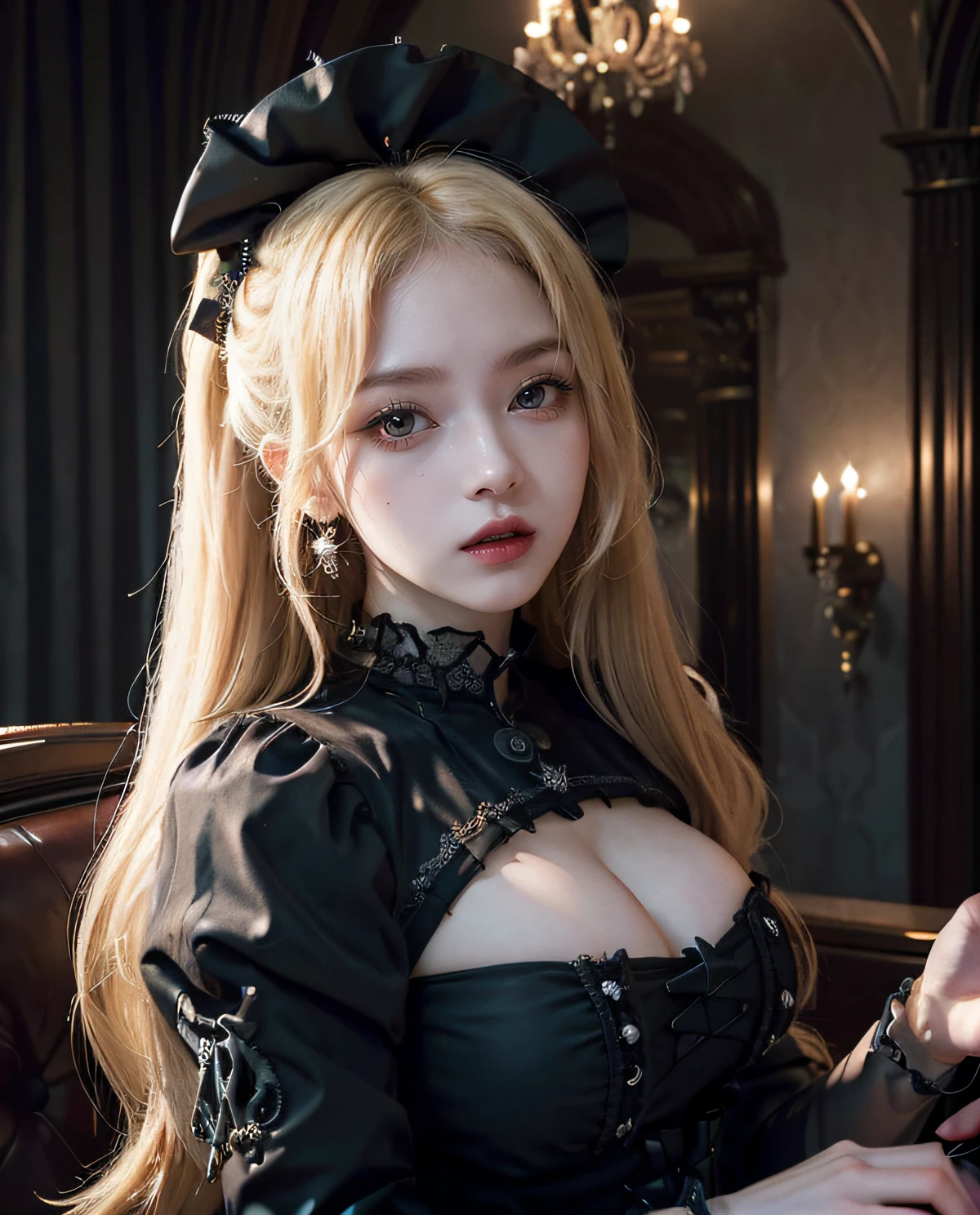 1girl, (Red eyes :1.4), pale skin, red lips, (close-up at face :1.3), seductive face, (Sana Minatozaki), wide hips, Big Boobs, big ass, (Best Quality, 8k, Masterpiece: 1.3), Clear Focus: 1.2, Perfect Body Beauty: 1.4, Slender Abs: 1.2, Highly detailed face and skin texture, detailed eyes, double eyelids, (blonde long hair), (gothic ta dress :1.3), in an abandoned castle, chandeliers cobwebs and skulls in the background, deep of field