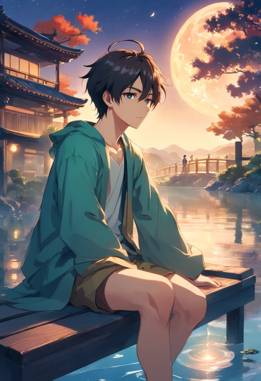 Manly, man, Moon in the sky, night time, anime man age 28 sitting on a bench with koi fish in the water, handsome guy in demon slayer art, handsone anime pose, inspired by Bian Shoumin, shining moon in the sky, soothing lake, by Yang J, artwork in the style of guweiz, cai xukun, anime handsome man, beautiful androgynous prince, yanjun chengt, sakimichan frank franzzeta