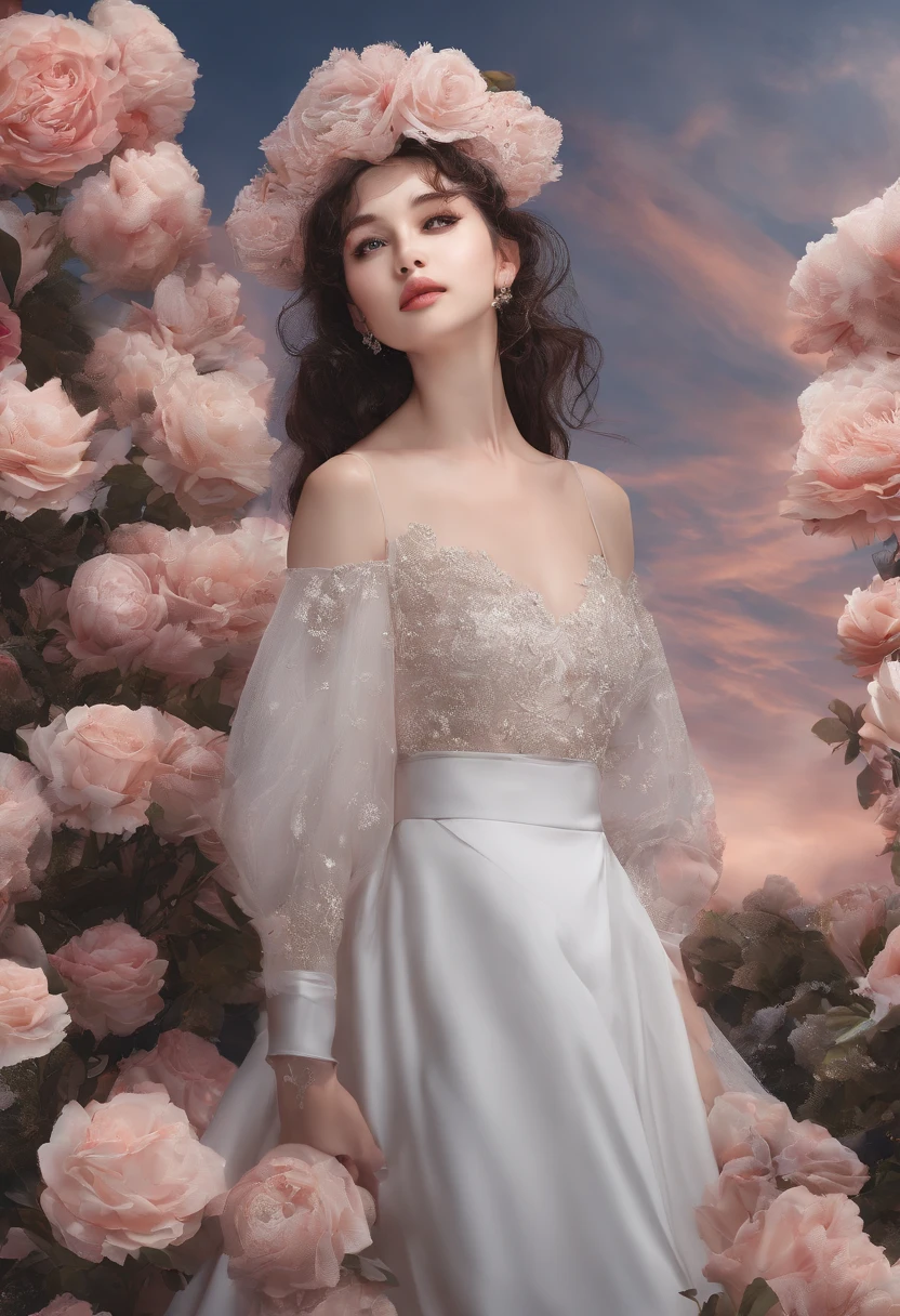 Best quality, High_Resolution, distinct_image, Detailed background ,Girl, random wear,flower, Night sky,Dutch angle, Wide shot,Shy smile, crown,