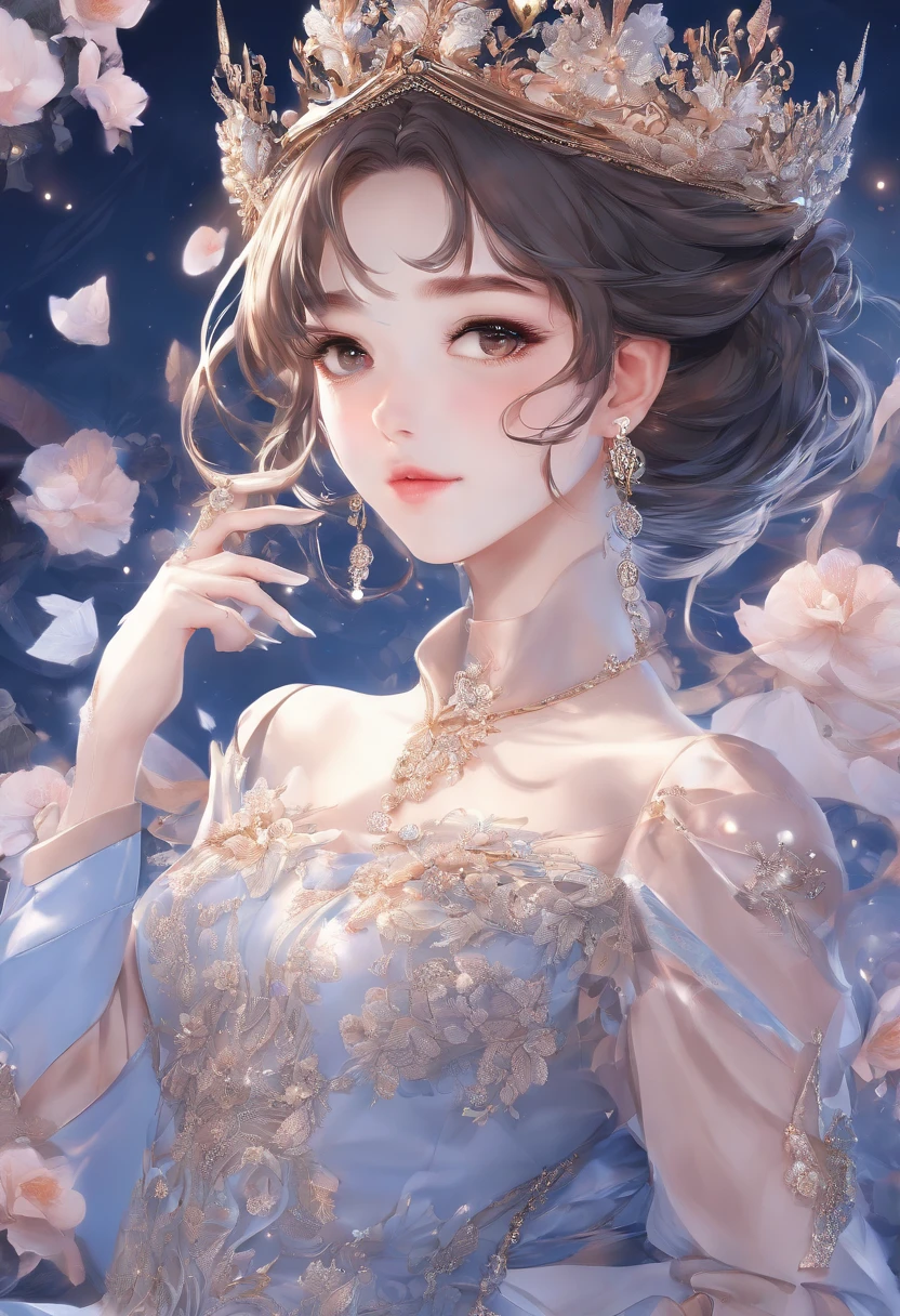 Best quality, High_Resolution, distinct_image, Detailed background ,Girl, random wear,flower, Night sky,Dutch angle, Wide shot,Shy smile, crown,