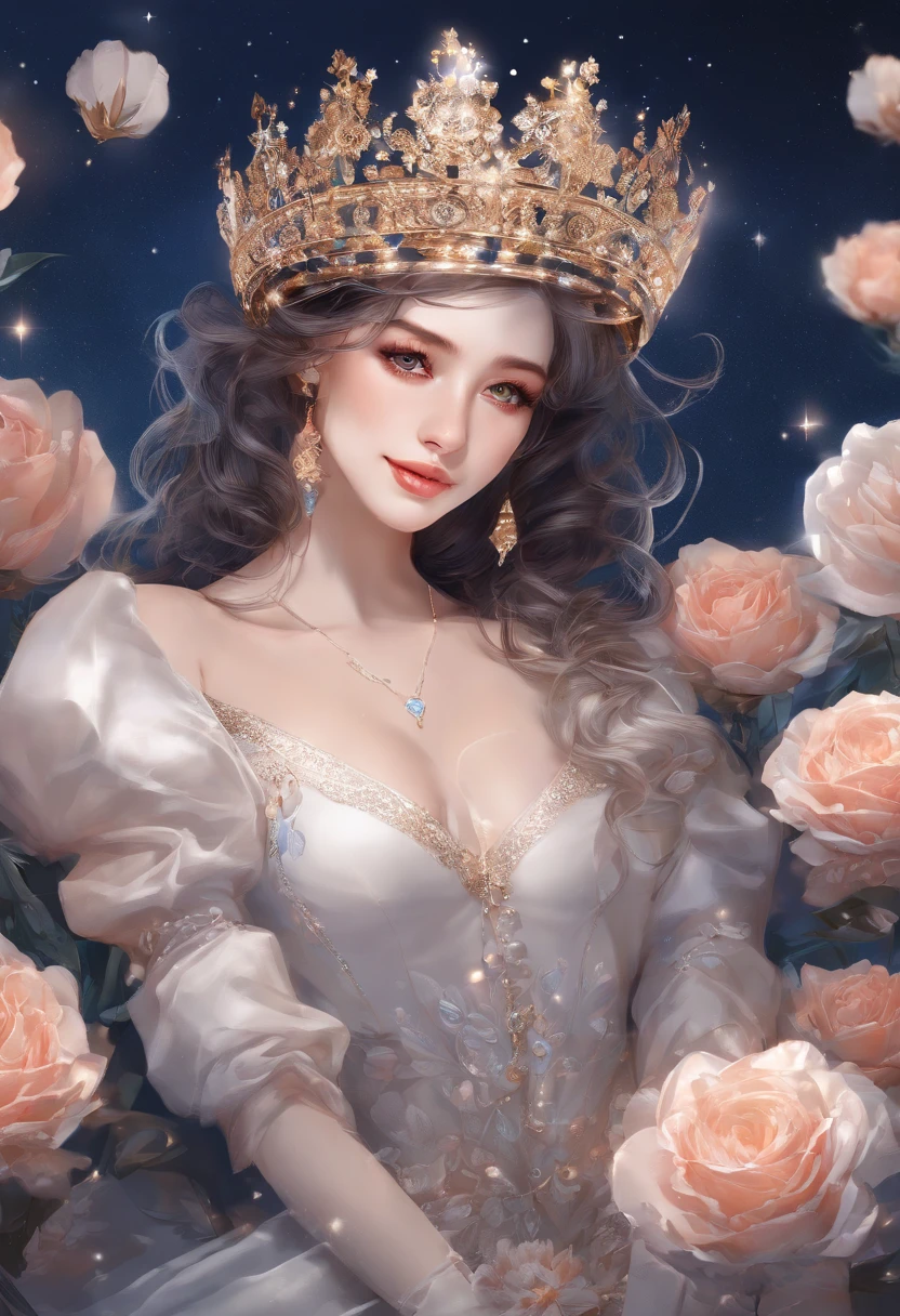 Best quality, High_Resolution, distinct_image, Detailed background ,Girl, random wear,flower, Night sky,Dutch angle, Wide shot,Shy smile, crown,