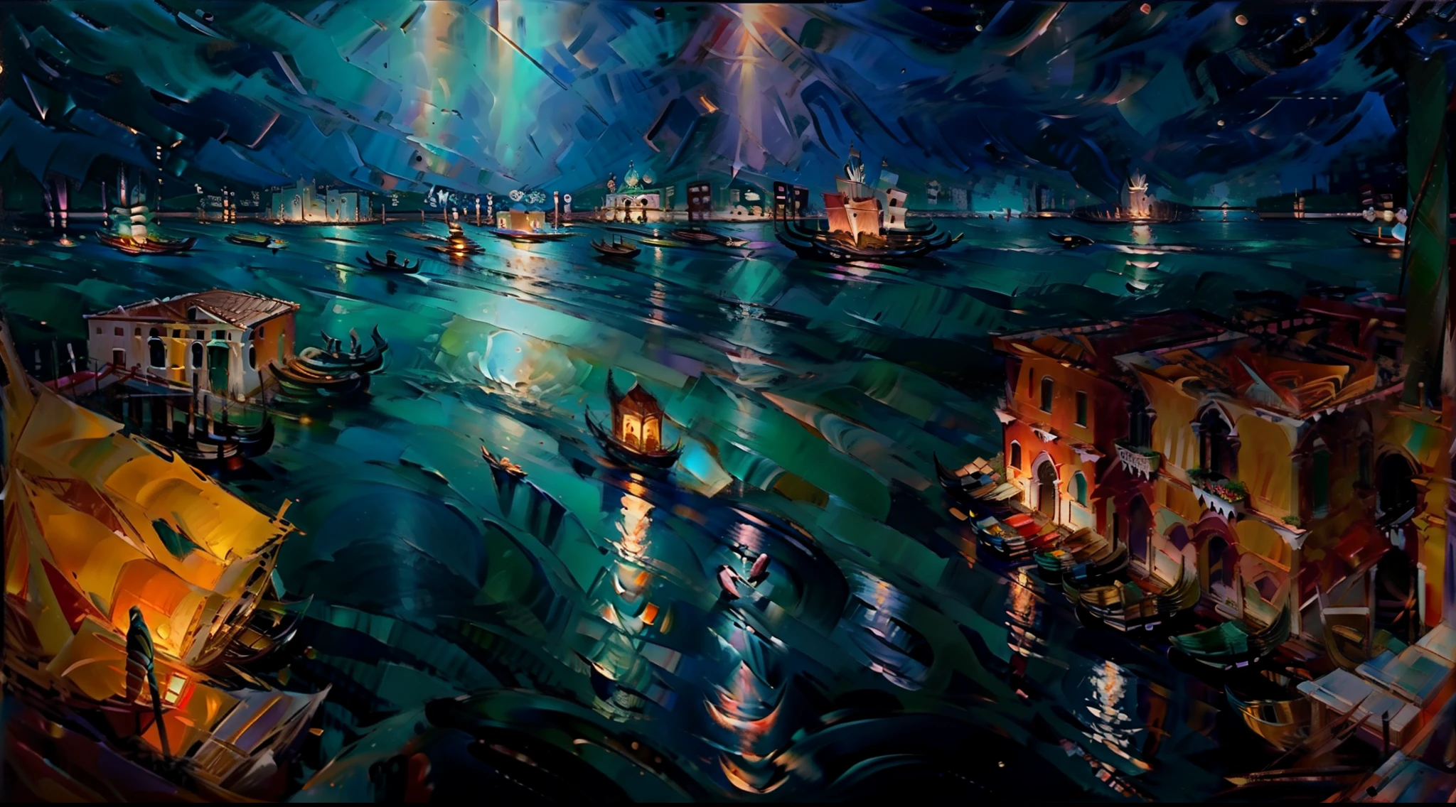 A night scene of cityscape (( Venice)), boats in water, wide view, realistic composition, bokeh lights, bokeh, Masterpice oil painting