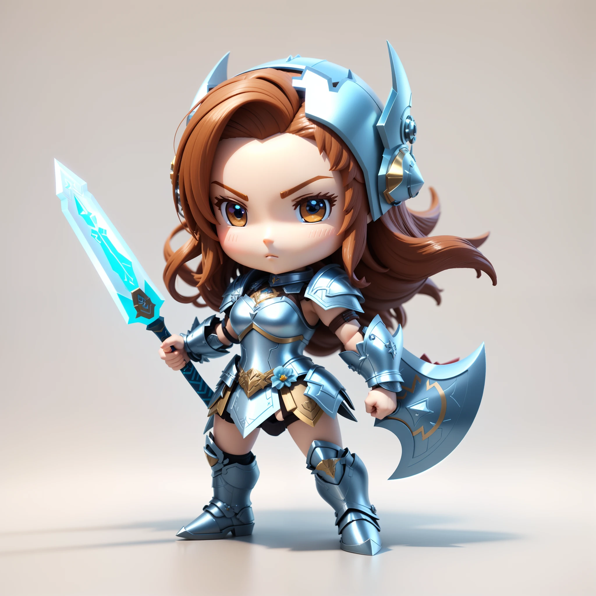 Close up of toy figure of woman holding sword, Advanced Digital Chibi Art, armor girl, cute 3d render, render of a cute 3d anime girl, epic mage girl character, girl in knight armor, Chibi, 3d rendering stylized, 3 d render character art 8 k, valkyrie style character, pale blue armor, warrior character design