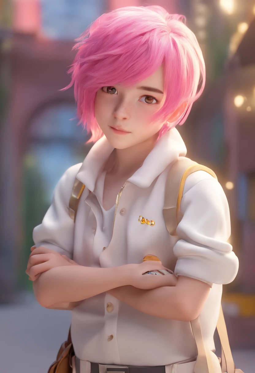 Boy, pink hair, white clothes, yellow eyes