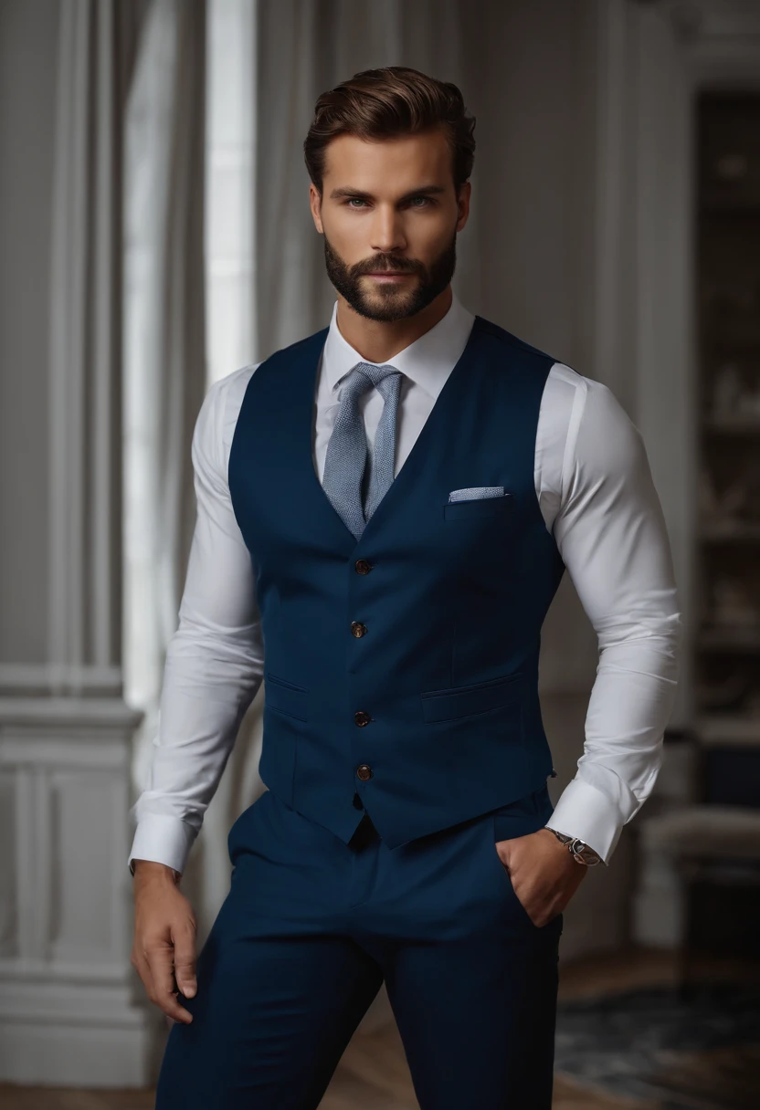 (Homem com roupa elegante), ), (usando barba longa e cheia,) (olhos azuis) (retrato) Attractive and serious look, Cabelos castanhos escuros, Elegante e elegante, e camiseta de corpo forte, Homem parecido com o ator Jamie Dornan, (imagem realista e de alta qualidade), in the background Scandinavian apartment with design furniture and with blue wall color in the background, ((best quality, 8k, master part).