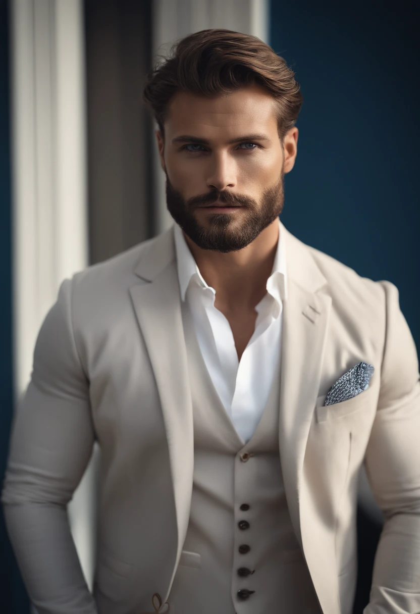 (Homem com roupa elegante), ), (usando barba longa e cheia,) (olhos azuis) (retrato) Attractive and serious look, Cabelos castanhos escuros, Elegante e elegante, e camiseta de corpo forte, Homem parecido com o ator Jamie Dornan, (imagem realista e de alta qualidade), in the background Scandinavian apartment with design furniture and with blue wall color in the background, ((best quality, 8k, master part).