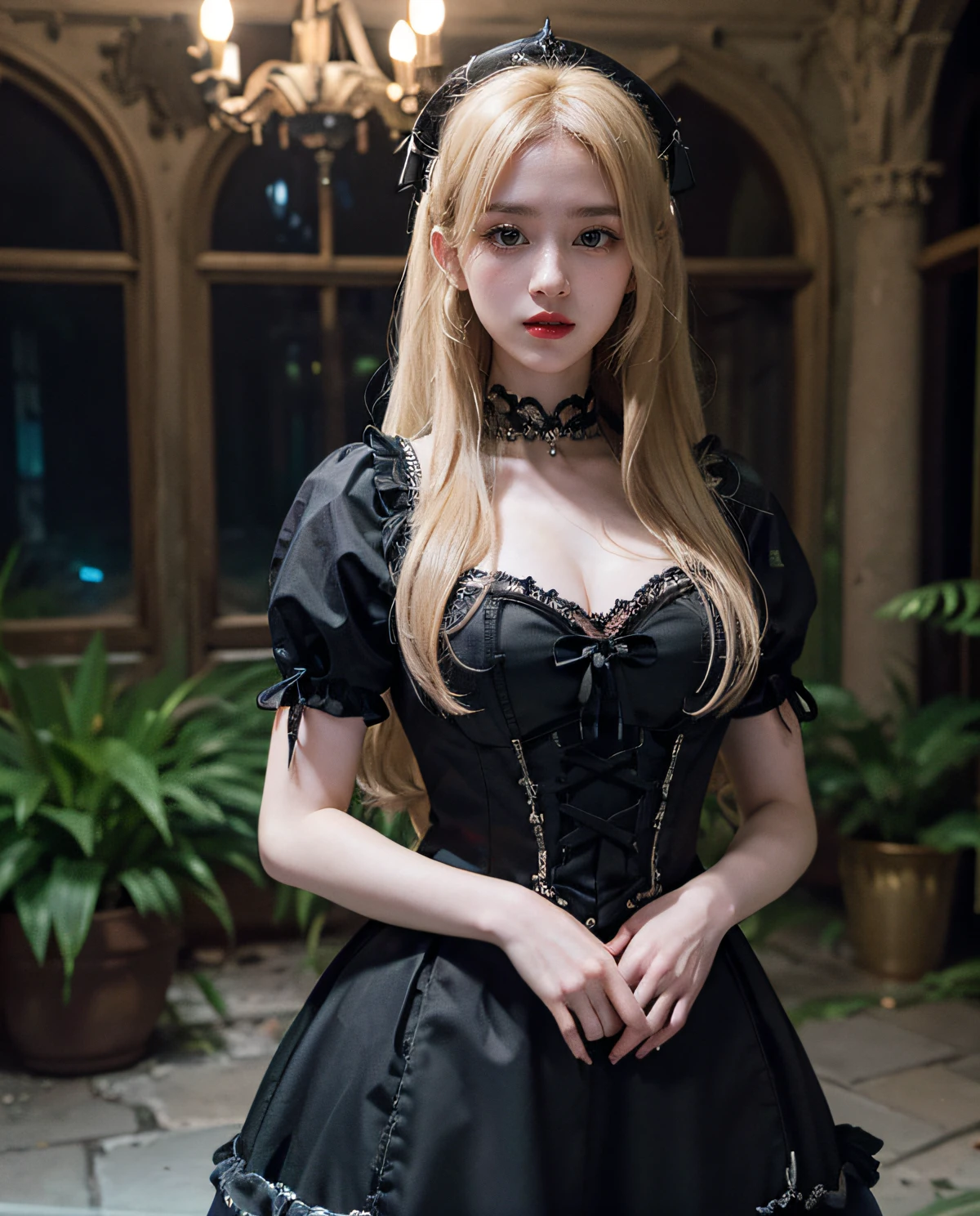 1girl, (Red eyes), pale skin, red lips, seductive face, (Sana Minatozaki), wide hips, Big Boobs, big ass, (Best Quality, 8k, Masterpiece: 1.3), Clear Focus: 1.2, Perfect Body Beauty: 1.4, Slender Abs: 1.2, Highly detailed face and skin texture, detailed eyes, double eyelids, (blonde long hair), (gothic ta dress :1.3), standing in an abandoned castle at night, chandeliers cobwebs and skulls in the background, deep of field