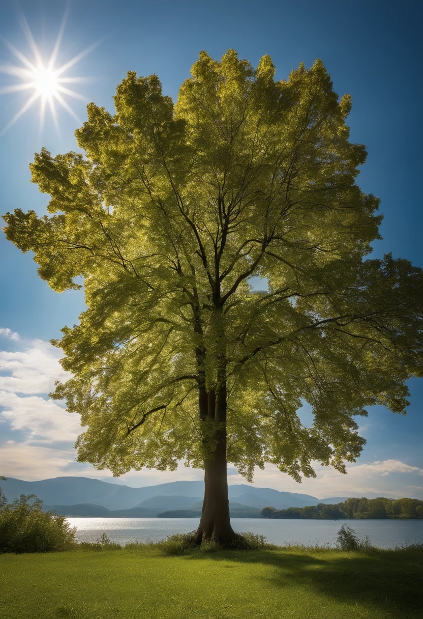 A large and beautiful linden tree in the middle of a hill overlooking a lake, the sun shining through the branches and leaves, soft light, a girl in the shade of the tree, the sky is a clear blue sky at 2 pm with beautiful clouds, ultra-high resolution photo , Real, Canon5D, 28mm f16, wide shot