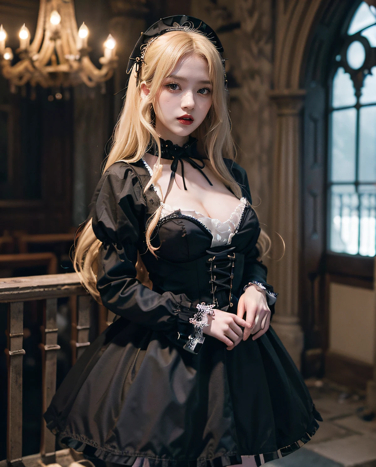 1girl, (Red eyes), pale skin, red lips, seductive face, (Sana Minatozaki), wide hips, Big Boobs, big ass, (Best Quality, 8k, Masterpiece: 1.3), Clear Focus: 1.2, Perfect Body Beauty: 1.4, Slender Abs: 1.2, Highly detailed face and skin texture, detailed eyes, double eyelids, (blonde long hair), (gothic ta dress :1.3), standing in an abandoned castle at night, chandeliers cobwebs and skulls in the background, deep of field